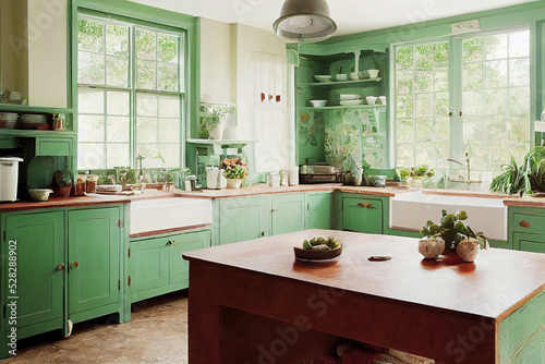 beautiful vintage country cozy kitchen with green accents  3d render  3d illustration