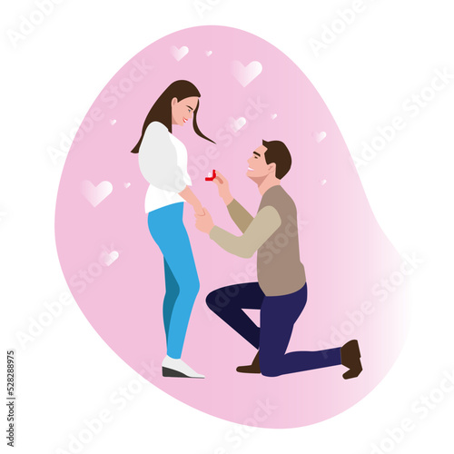 An offer of marriage. A kneeling man make a proposal of marriage to his darling be loved one. Flat illustration cartoon vector concept design isolated on white background
