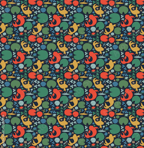 Seamless tapestry pattern with inhabitants of the pond. Fish, carp, goldfish, water lilies, dragonfly. Vector decorative background