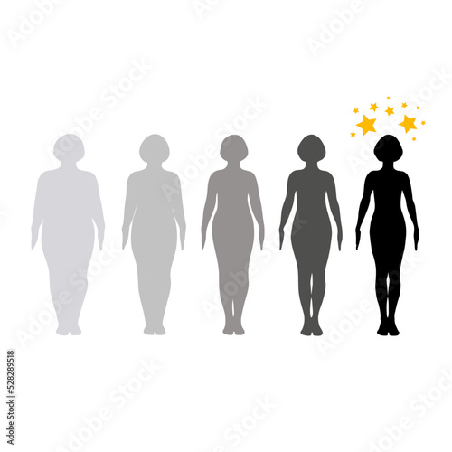 Vector women silhouettes  losing excess weight. Fitness training steps. Beautiful body