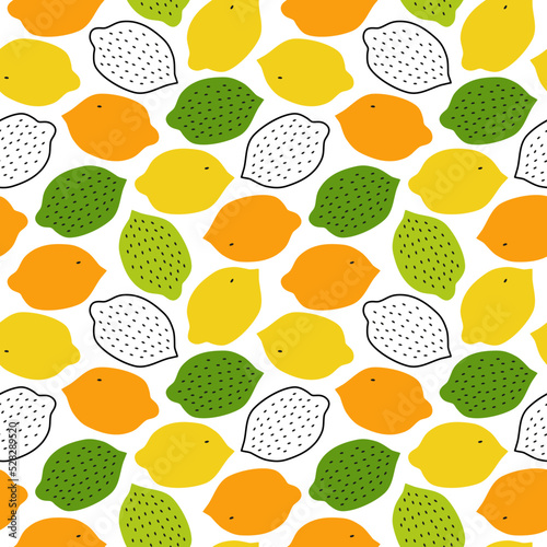 Tropical pattern with lemons, limes, oranges. Vector fruits background, eco cute texture