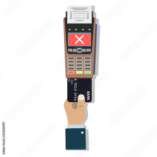 Refusal payment for goods via POS-terminal with a credit card chip by a man's hand.