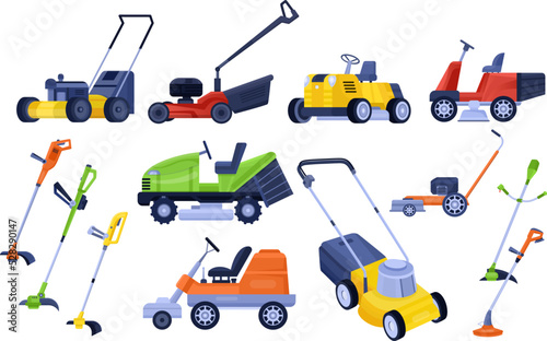 Lawnmower machine. Garden machines mowing lawn leaves, trimmer grass cutter electrics engine riding lawnmowers gardening care landscaping tractor mower neoteric vector illustration