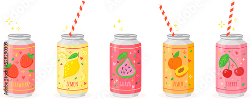 Tasty fruit sodas. Steel can carbonated drinks tasty juice, canned aluminum bottle refreshing beverage flavor cherry peach strawberry, hand drawn design cartoon vector illustration