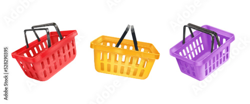 Render shopping basket. 3d shops cart selling groceries supermarket, floating plastic market bucket realistic baskets for customer goods, creative product tidy vector illustration