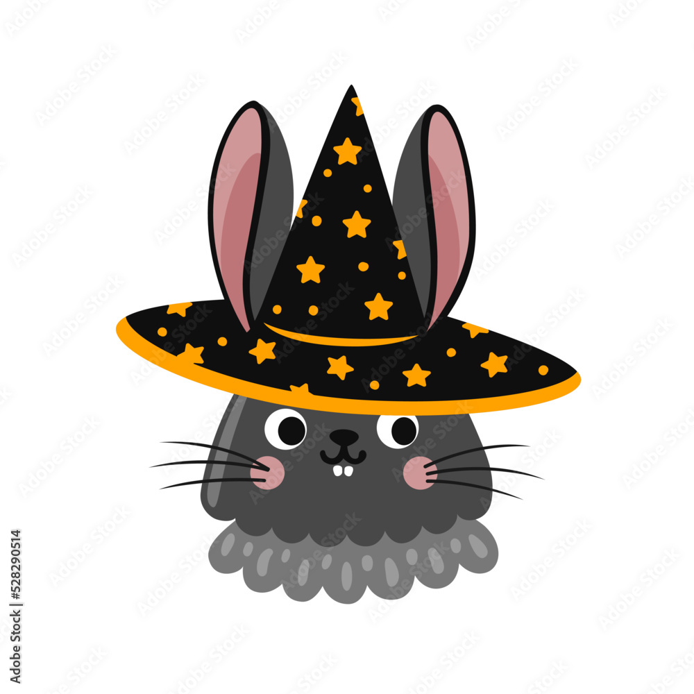 Rabbit in witch hat cartoon character. Bunny head, face, portrait. Cute hare flat vector illustration. Rabbit in witch hat cartoon character. Bunny head, face, portrait. Cute hare flat vector illustration.