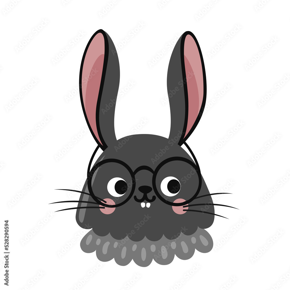 Fototapeta premium Smart rabbit wearing glasses portrait. Bunny cartoon character. Hare face, head, avatar. Vector flat illustration.