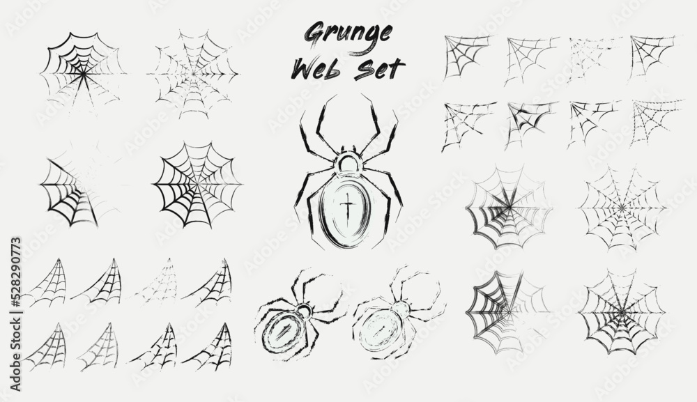 Set with spiders, round and hanging in corner spiderwebs in sketch style. Grunge uneven paint brush strokes, smears. Design elements for Halloween design. Spooky, scary, horror halloween decor. Vector