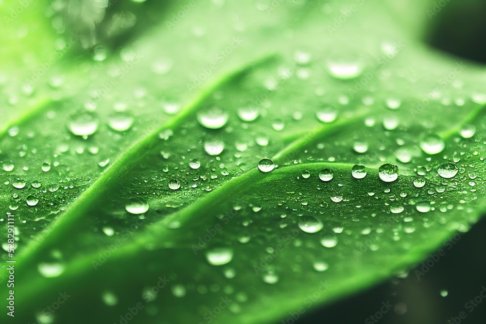 Closeup - of green plant leaves with water droplets. Natural background. 3D illustration Closeup - of green plant leaves with water droplets. Natural background. 3D illustration