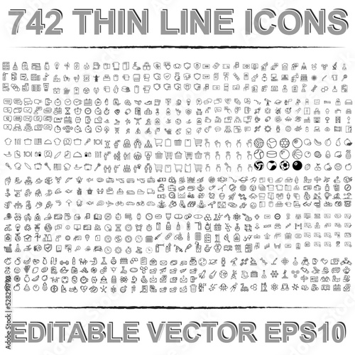742 Big Set of different line icons. Thin mega pack of business and social web outline symbols. Modern vector stock line collection. eps10 editable