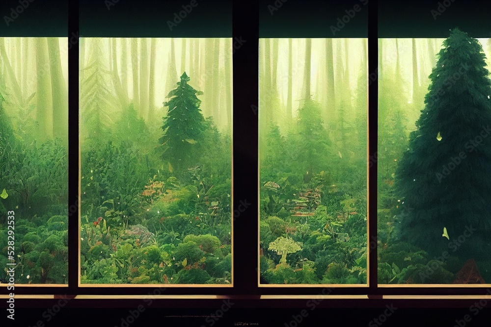 Peaceful forest view out of the window frame. Calm relaxing scenery. Digital artwork of soothing beautiful trees. Comfy home. Green nature landscape. Peaceful forest view out of the window frame. Calm relaxing scenery. Digital artwork of soothing beautiful trees. Comfy home. Green nature landscape.