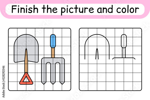 Complete the picture pitchfork and shovel. Copy the picture and color. Finish the image. Coloring book. Educational drawing exercise game for children