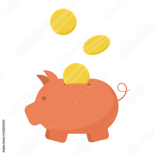 A piggy bank into which coins fall. flat style