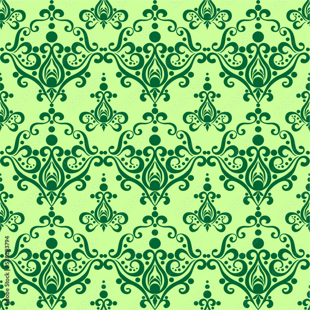 symmetrical seamless ornament tile from green graphic abstract elements on olive background, texture, design