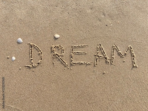 on the beach is carved with letters in the smooth sand the writing Dream