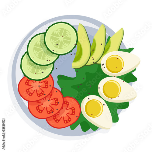 Healthy breakfast of boiled eggs and vegetables. Isolated on white background in flat style