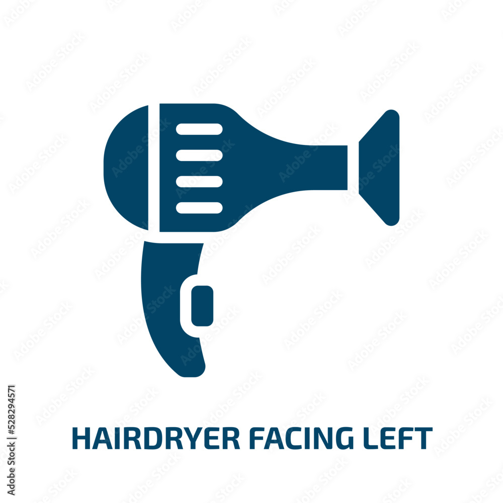 hairdryer facing left vector icon. hairdryer facing left, shampoo, beauty filled icons from flat beauty salon concept. Isolated black glyph icon, vector illustration symbol element for web design and hairdryer facing left vector icon. hairdryer facing left, shampoo, beauty filled icons from flat beauty salon concept. Isolated black glyph icon, vector illustration symbol element for web design and