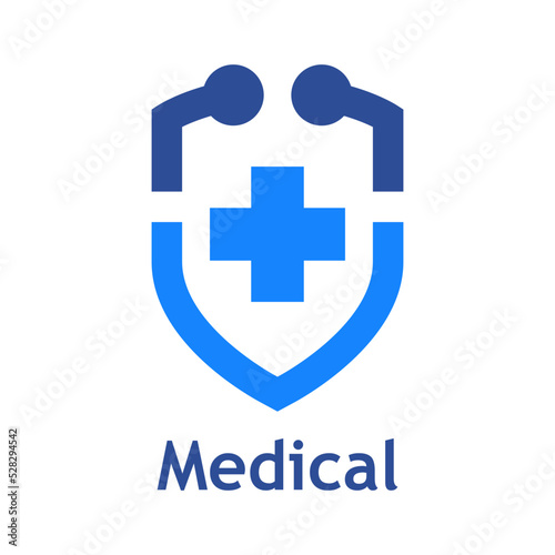 Logo sistema inmunitario. Silueta de estetoscopio médico con forma de escudo con cruz medicina con líneas