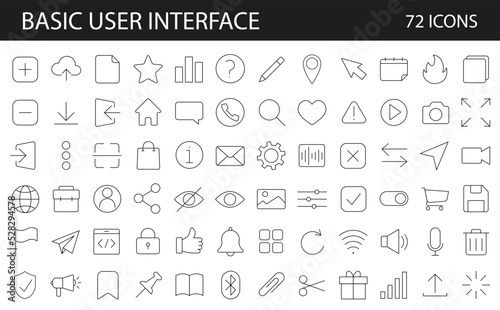Set of 72 essentials basic general user interface icon.  Modern outline symbols collection, minimal style simple linear graphic design elements. Vector line icons