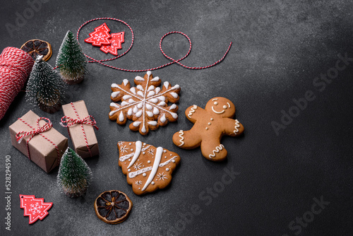 Delicious gingerbread cookies with honey, ginger and cinnamon. Winter composition