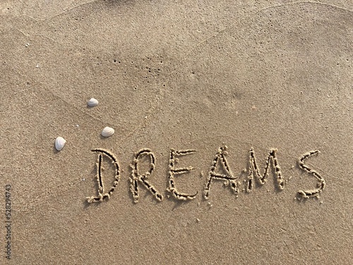 on the beach is carved with letters in the smooth sand the writing Dreams © Marcus