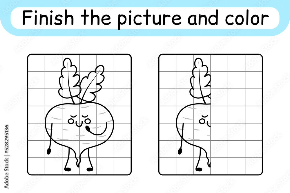 Fototapeta premium Complete the picture beetroot. Copy the picture and color. Finish the image. Coloring book. Educational drawing exercise game for children