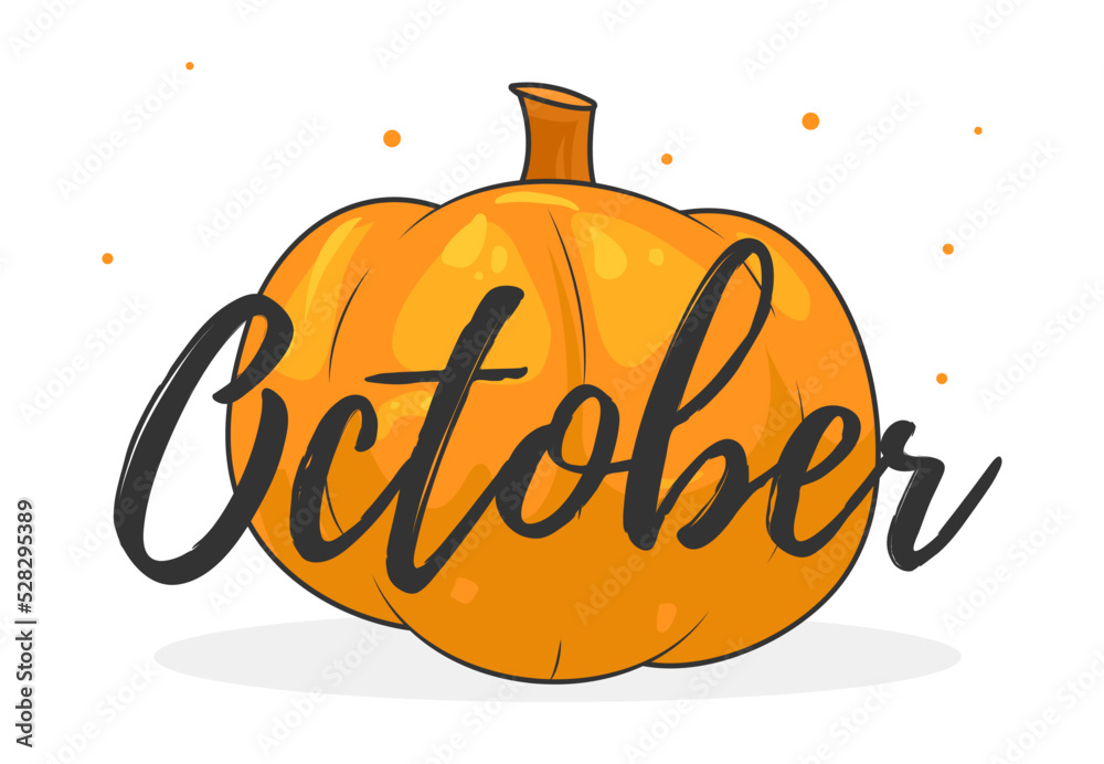Obraz premium Hello october. Autumn word on white background with pumpkin. With leaves and pumpkin. Hand drawn Calligraphy lettering Vector illustration