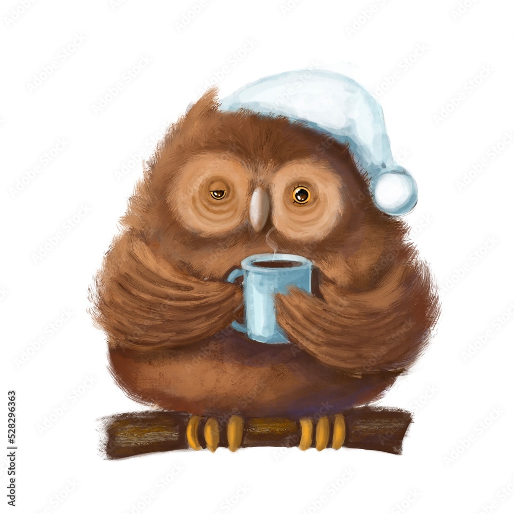 Obraz premium sleepy owl with cup of hot drink, good morning illustration with cartoon character