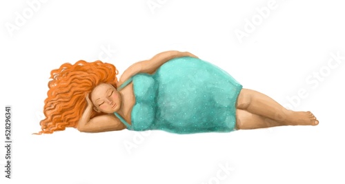 sleeping fat lady in colorful dress watercolor illustration