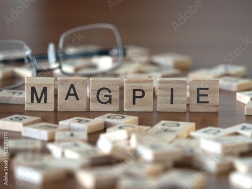 magpie word or concept represented by wooden letter tiles on a wooden table with glasses and a book