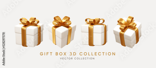 2023 3d Realistic White Gift Boxes with Gold Ribbon Gift Bow Set. Christmas Decoration Vector illustration photo