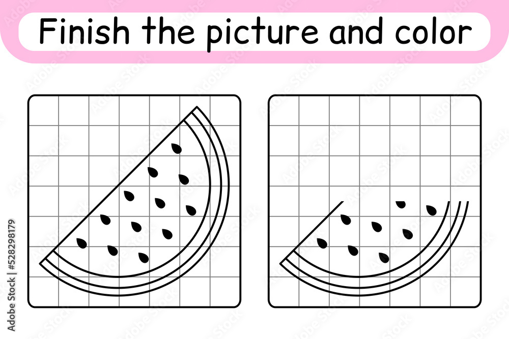 Complete the picture watermelon. Copy the picture and color. Finish the image. Coloring book. Educational drawing exercise game for children Complete the picture watermelon. Copy the picture and color. Finish the image. Coloring book. Educational drawing exercise game for children