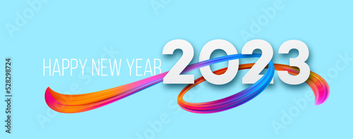 Happy New Year and Christmas 2023. 2023 typography on a background of bright colored paint strokes. New Year holiday greeting card. Vector illustration