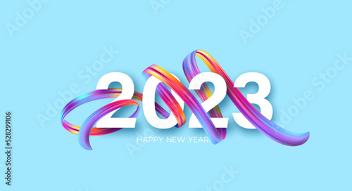 Happy New Year and Christmas 2023. 2023 typography on a background of bright colored paint strokes. New Year holiday greeting card. Vector illustration