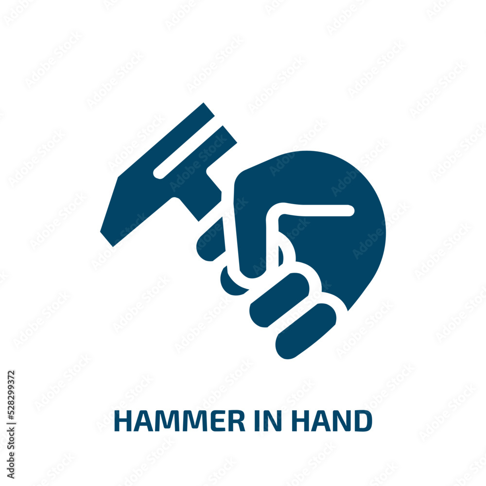 hammer in hand vector icon. hammer in hand, hammer, hand filled icons from flat hand drawn construction concept. Isolated black glyph icon, vector illustration symbol element for web design and mobile