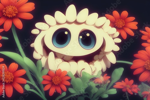 Cute flower monster. Adorable imaginary monster hiding in flowers. Digital artwork.