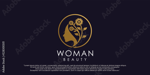 Woman beauty logo design illustration with flower and leaf element Premium Vector