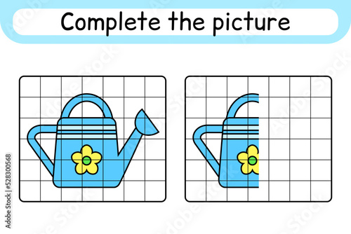 Complete the picture watering can. Copy the picture and color. Finish the image. Coloring book. Educational drawing exercise game for children