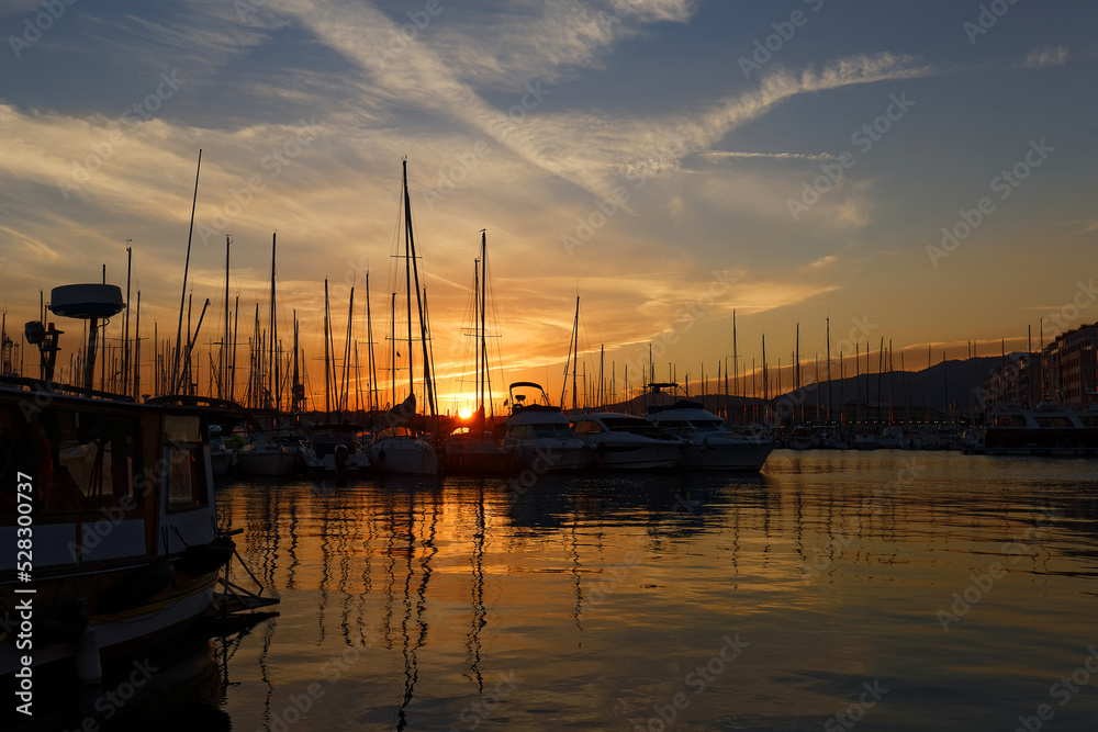 Sunrise over the harbor in Toulon, France