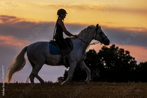 silhouette of a woman riding a horse against the colourful sky of the west