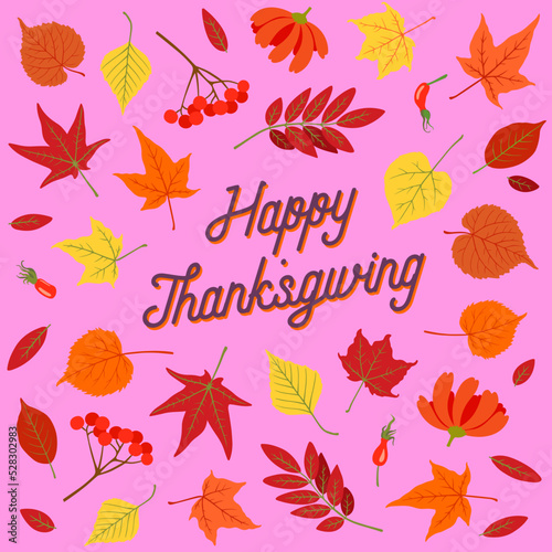 Fall design with autumn leaves and happy thanksgiving text. Maple leaf  rowanberry  falling leaves design with retro lettering happy thanksgiving. Fall greeting drawing autumn nature banner.