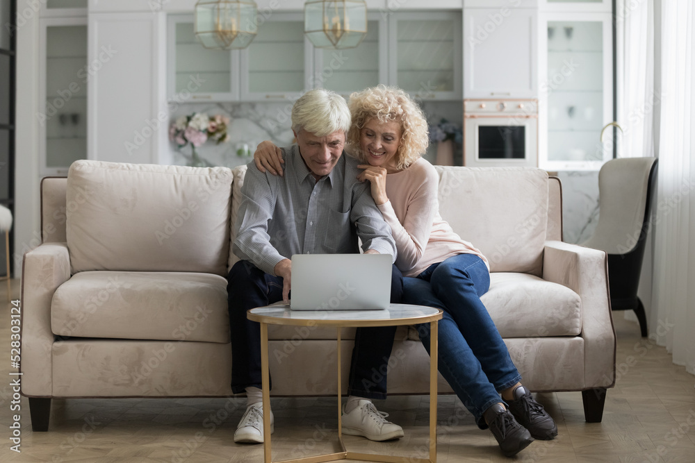 Happy caring mature wife hugging husband using online app on laptop computer, shopping on internet, typing, working from home, sitting on home couch. Retirement, communication