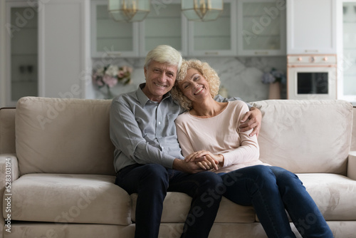 Happy cute senior married couple sitting on home sofa, hugging, holding hands, looking at camera, smiling. Old mature living husband and wife head shot portrait. Retirement, relationship