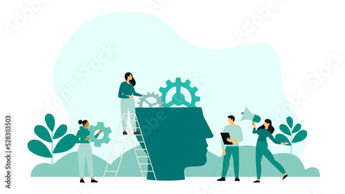 Cartoon flat tiny doctor, psychologist character check brain health. Diagnosis, therapy, and treatment medicine concepts are isolated on white. Mental disease psychology vector illustration.