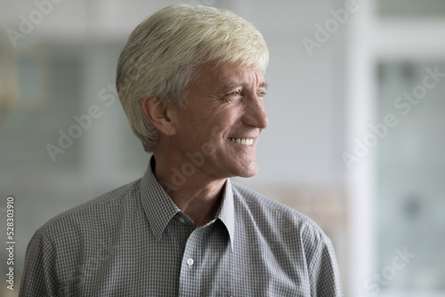 Happy dreamy handsome old retired business man looking away in deep good thoughts, thinking with toothy smile, dreaming, planning leisure time, retirement, posing home. Elderly ag