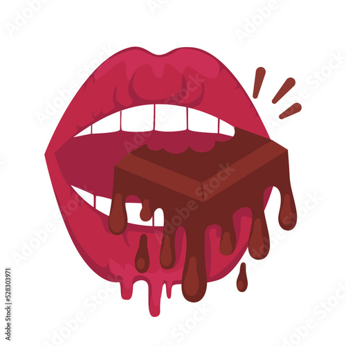 Red lips and mouth eats dripping sweet chocolate. Sexy woman' s lips sketch vector illustration.