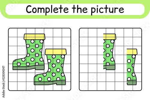 Complete the picture boots. Copy the picture and color. Finish the image. Coloring book. Educational drawing exercise game for children