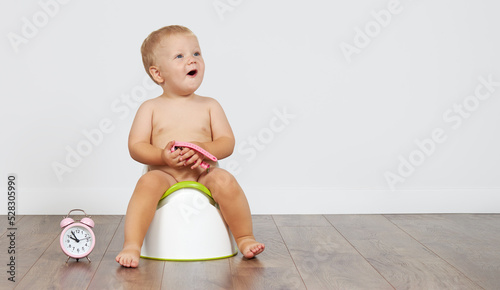 Quadro em tela Cute baby boy sits on the potty with toilet paper in his hands