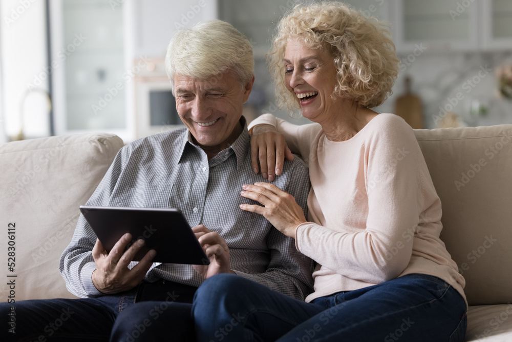 Cheerful mature retired couple shopping on Internet with ecommerce online app on tablet together, watching content, smiling, laughing, enjoying leisure with digital device, wireless communication Cheerful mature retired couple shopping on Internet with ecommerce online app on tablet together, watching content, smiling, laughing, enjoying leisure with digital device, wireless communication