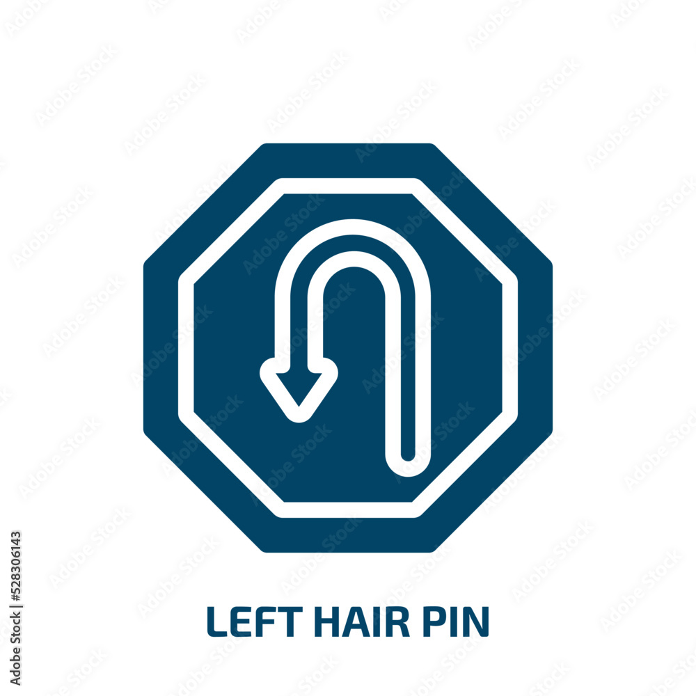 left hair pin vector icon. left hair pin, bus, arrow filled icons from flat traffic signs concept. Isolated black glyph icon, vector illustration symbol element for web design and mobile apps left hair pin vector icon. left hair pin, bus, arrow filled icons from flat traffic signs concept. Isolated black glyph icon, vector illustration symbol element for web design and mobile apps